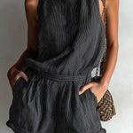 ElevenOra Chic Casual Black Stripe Linen Blend Boat-Neck Sleeveless Tailored-Waist Loose-Fit Romper