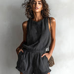 ElevenOra Chic Casual Black Stripe Linen Blend Boat-Neck Sleeveless Tailored-Waist Loose-Fit Romper