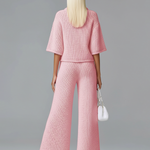 ElevenOra Chic Elegant  Zipper-Up Lapel Collar Half-sleeve Loose Sweater Wide-Leg Pants Knit Two-Piece Set