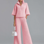 ElevenOra Chic Elegant  Zipper-Up Lapel Collar Half-sleeve Loose Sweater Wide-Leg Pants Knit Two-Piece Set