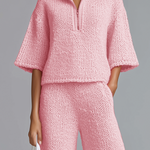 ElevenOra Chic Elegant  Zipper-Up Lapel Collar Half-sleeve Loose Sweater Wide-Leg Pants Knit Two-Piece Set