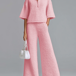 ElevenOra Chic Elegant  Zipper-Up Lapel Collar Half-sleeve Loose Sweater Wide-Leg Pants Knit Two-Piece Set