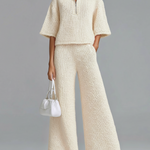 ElevenOra Chic Elegant  Zipper-Up Lapel Collar Half-sleeve Loose Sweater Wide-Leg Pants Knit Two-Piece Set