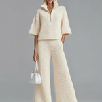 ElevenOra Chic Elegant  Zipper-Up Lapel Collar Half-sleeve Loose Sweater Wide-Leg Pants Knit Two-Piece Set