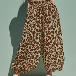 ElevenOra Chic Casual Brown-Camel Leopard Print High Waist Wide Leg Chiffon Pants