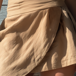 ElevenOra Chic Casual Camel Wrap High-Waist Asymmetrical Hem  A-Line Cotton-Linen Blend Mini Skirt
