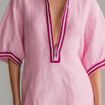 ElevenOra Chic Casual Pink Colorblock  Stand-Collar Zipper-Front Short-Sleeve Loose-Fit Cotton-Linen Blend  Mini Dress