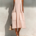 ElevenOra Chic Elegant Light Pink Linen Round-Neck Sleeveless Pleats Detail Patch Pockets Loose-Fit A-Line Midi Dress