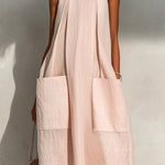 ElevenOra Chic Elegant Light Pink Linen Round-Neck Sleeveless Pleats Detail Patch Pockets Loose-Fit A-Line Midi Dress