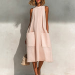 ElevenOra Chic Elegant Light Pink Linen Round-Neck Sleeveless Pleats Detail Patch Pockets Loose-Fit A-Line Midi Dress