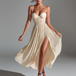 ElevenOra Chic Elegant Off-White Spaghetti Straps Sweetheart-Neck Sleeveless Slim-Fit A-Line Side-Slit Pleated Chiffon Midi Dress