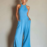 ElevenOra Chic Casual Blue Cotton Blend Round-Neck Sleeveless Cutout Detail Pleated Ribbed Wide-Leg Jumpsuit