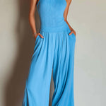 ElevenOra Chic Casual Blue Cotton Blend Round-Neck Sleeveless Cutout Detail Pleated Ribbed Wide-Leg Jumpsuit