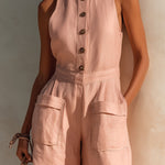 ElevenOra Chic Casual Pink Cotton-Linen Blend Button-Up Round-Neck Sleeveless Pockets-Detail Slim-Fit Romper