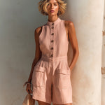 ElevenOra Chic Casual Pink Cotton-Linen Blend Button-Up Round-Neck Sleeveless Pockets-Detail Slim-Fit Romper