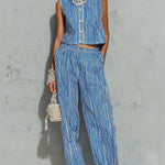 ElevenOra Chic Casual Blue-White Stripes Cotton-Linen Blend Round-Neck Sleeveless Single-Breasted Vest Straight Pants Loose-Fit Two-Piece Set