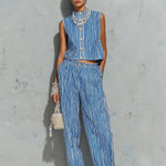 ElevenOra Chic Casual Blue-White Stripes Cotton-Linen Blend Round-Neck Sleeveless Single-Breasted Vest Straight Pants Loose-Fit Two-Piece Set