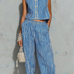 ElevenOra Chic Casual Blue-White Stripes Cotton-Linen Blend Round-Neck Sleeveless Single-Breasted Vest Straight Pants Loose-Fit Two-Piece Set