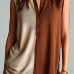 ElevenOra Chic Casual Beige -Brown Colorblock Lapel Collar Button-Up Sleeveless Loose-Fit Knit Mini Dress