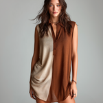 ElevenOra Chic Casual Beige -Brown Colorblock Lapel Collar Button-Up Sleeveless Loose-Fit Knit Mini Dress