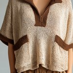 ElevenOra Chic Casual Beige Colorblock Zipper-Up Stand-Collar Short-Sleeve Patch Pocket Loose-Fit Knit Sweater Top