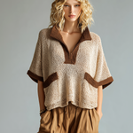 ElevenOra Chic Casual Beige Colorblock Zipper-Up Stand-Collar Short-Sleeve Patch Pocket Loose-Fit Knit Sweater Top