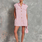 ElevenOra Chic Elegant Pink-White Stripes Cotton-Linen Blend Lapel Collar Sleeveless Single-Breasted Chest Pockets Oversize Mini Dress