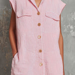 ElevenOra Chic Elegant Pink-White Stripes Cotton-Linen Blend Lapel Collar Sleeveless Single-Breasted Chest Pockets Oversize Mini Dress