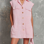 ElevenOra Chic Elegant Pink-White Stripes Cotton-Linen Blend Lapel Collar Sleeveless Single-Breasted Chest Pockets Oversize Mini Dress