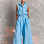 ElevenOra Chic Elegant Blue Cotton-Linen Blend Lapel Collar Button-Front Sleeveless Multi-Pocket Loose-Fit Wide-Leg Jumpsuit