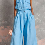 ElevenOra Chic Elegant Blue Cotton-Linen Blend Lapel Collar Button-Front Sleeveless Multi-Pocket Loose-Fit Wide-Leg Jumpsuit