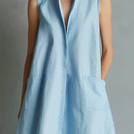 ElevenOra Chic Elegant Blue Cotton-Linen Blend Stand Collar Sleeveless Single-Breasted Patch Pockets A-Line Mini Dress