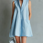 ElevenOra Chic Elegant Blue Cotton-Linen Blend Stand Collar Sleeveless Single-Breasted Patch Pockets A-Line Mini Dress
