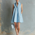 ElevenOra Chic Elegant Blue Cotton-Linen Blend Stand Collar Sleeveless Single-Breasted Patch Pockets A-Line Mini Dress