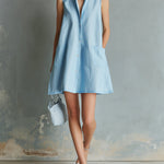 ElevenOra Chic Elegant Blue Cotton-Linen Blend Stand Collar Sleeveless Single-Breasted Patch Pockets A-Line Mini Dress