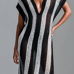 ElevenOra Chic Casual White -Black Stripes V-Neck Cap Sleeve Loose-Fit Side Slit Mesh Holiday Knit Maxi Dress