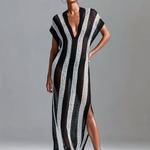 ElevenOra Chic Casual White -Black Stripes V-Neck Cap Sleeve Loose-Fit Side Slit Mesh Holiday Knit Maxi Dress