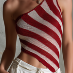 ElevenOra Chic Casual White-Red Stripes One-Shoulder Sleeveless  Diagonal Hem Slim-Fit Knit Tank Top