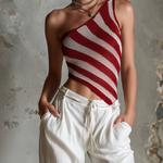 ElevenOra Chic Casual White-Red Stripes One-Shoulder Sleeveless  Diagonal Hem Slim-Fit Knit Tank Top