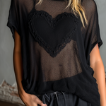 ElevenOra Chic Casual Black Round-Neck Heart Patch Batwing Sleeve Loose-Fit Mesh Cover-Up Top
