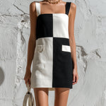 ElevenOra Chic Casual Black-White Colorblock Thin Straps Square-Neck Sleeveless Pocket Detail A-Line Knit Mini Dress