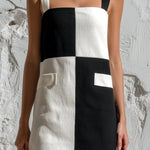 ElevenOra Chic Casual Black-White Colorblock Thin Straps Square-Neck Sleeveless Pocket Detail A-Line Knit Mini Dress