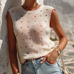 ElevenOra Chic Casual Cream White Round-Neck Red Trim Detail Hollow-Out Fitted Knit Vest Top