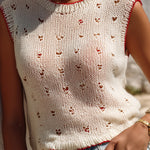 ElevenOra Chic Casual Cream White Round-Neck Red Trim Detail Hollow-Out Fitted Knit Vest Top