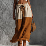 ElevenOra Chic Elegaht Brown-Beige Colorblock Cotton-Linen Blend Elastic Drawstring Waist Fringe Detail A-Line Midi Skirt