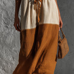 ElevenOra Chic Elegaht Brown-Beige Colorblock Cotton-Linen Blend Elastic Drawstring Waist Fringe Detail A-Line Midi Skirt