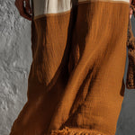 ElevenOra Chic Elegaht Brown-Beige Colorblock Cotton-Linen Blend Elastic Drawstring Waist Fringe Detail A-Line Midi Skirt