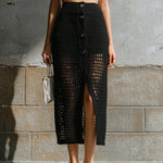 ElevenOra Chic Elegaht Black Elastic Waist Button-Front Hollow-Out Mesh Knit Straight Midi Skirt