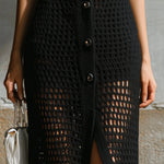 ElevenOra Chic Elegaht Black Elastic Waist Button-Front Hollow-Out Mesh Knit Straight Midi Skirt