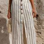 ElevenOra Chic Elegaht Beige-Black Stripes Cotton-Linen Blend Button-Front Slit Detail Midi Skirt
